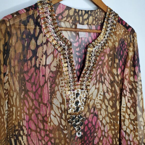 Chicos Womens Beaded Animal Print Tunic Top Size 16 Embellished Neckline Sheer - Picture 2 of 10